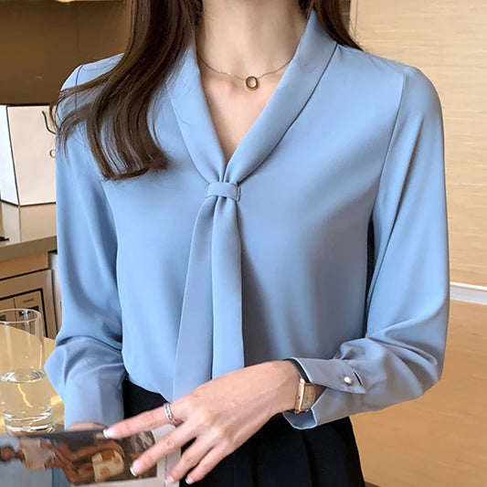 2023 Autumn Long Sleeve Chiffon Blouse Shirt Blouse Women Blusas Mujer De Moda Bow V-Neck Office Lady Blouse Tops Female Blouses