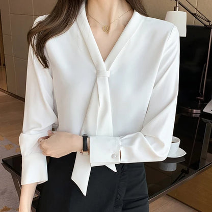 2023 Autumn Long Sleeve Chiffon Blouse Shirt Blouse Women Blusas Mujer De Moda Bow V-Neck Office Lady Blouse Tops Female Blouses