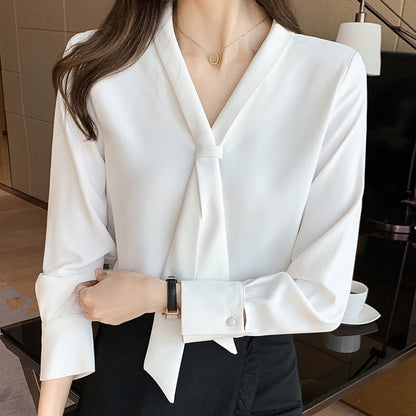 2023 Autumn Long Sleeve Chiffon Blouse Shirt Blouse Women Blusas Mujer De Moda Bow V-Neck Office Lady Blouse Tops Female Blouses