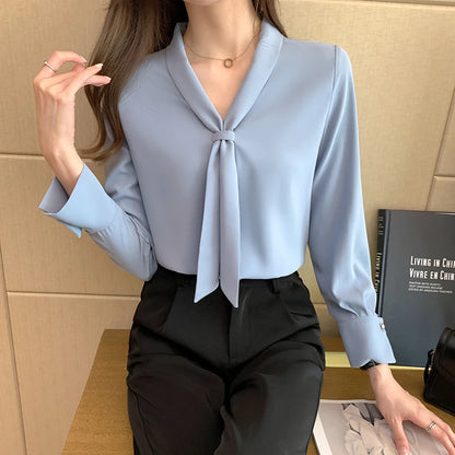 2023 Autumn Long Sleeve Chiffon Blouse Shirt Blouse Women Blusas Mujer De Moda Bow V-Neck Office Lady Blouse Tops Female Blouses