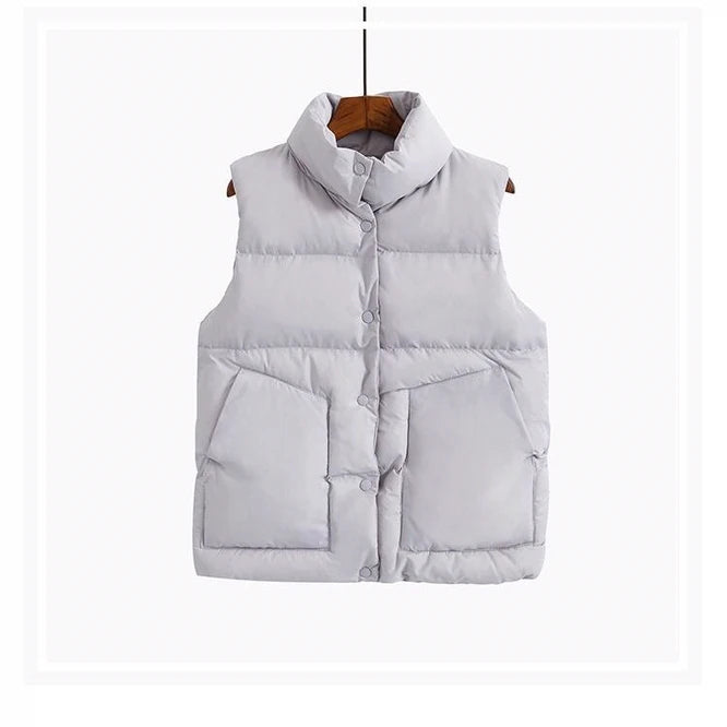 2023 Fashion Autumn New Stand Collar Elegant Down Coats Warm Outerwear Casual Belt Sleeveless Winter Women White Vests Jackets