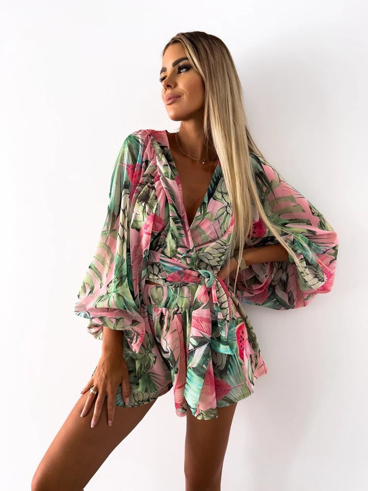 2023 Sexy Deep V Neck Jumpsuit For Women Summer Casual Boho Beach Vacation Outfit Fashion Print Lantern Sleeve Rompers Shorts