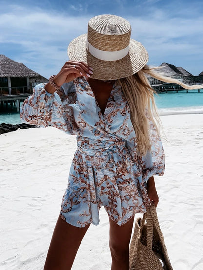 2023 Sexy Deep V Neck Jumpsuit For Women Summer Casual Boho Beach Vacation Outfit Fashion Print Lantern Sleeve Rompers Shorts