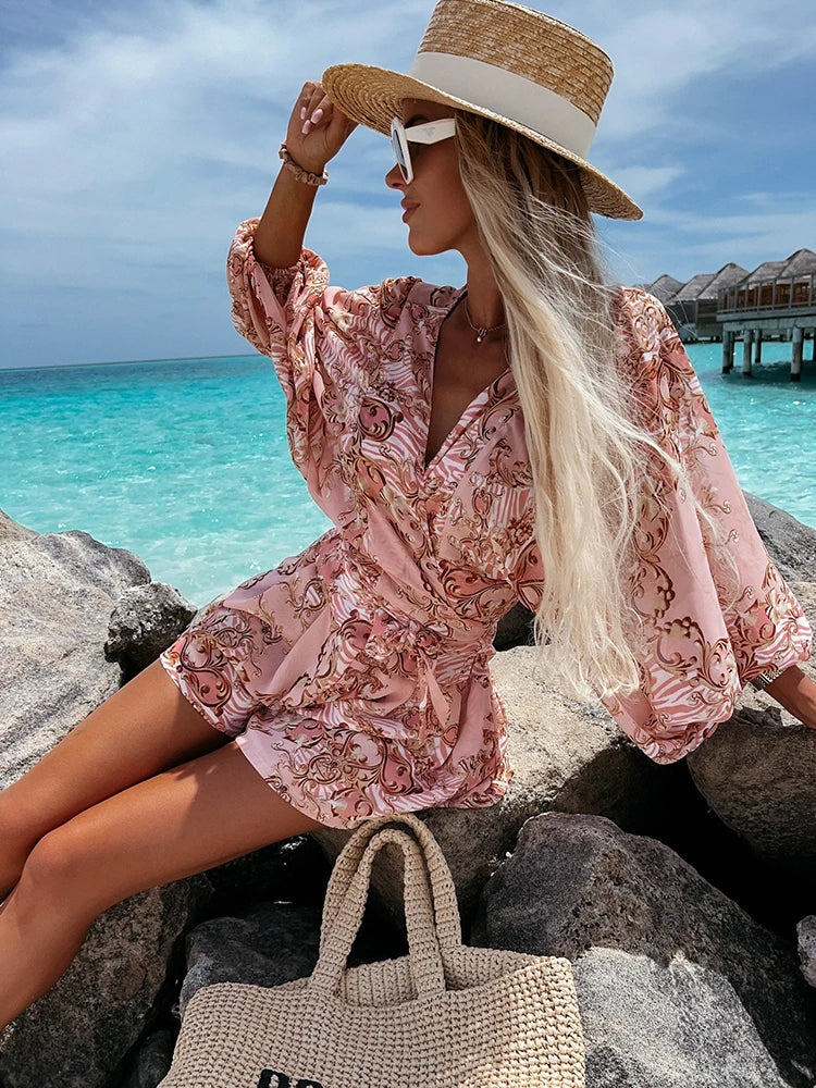 2023 Sexy Deep V Neck Jumpsuit For Women Summer Casual Boho Beach Vacation Outfit Fashion Print Lantern Sleeve Rompers Shorts