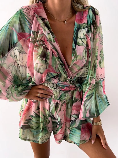 2023 Sexy Deep V Neck Jumpsuit For Women Summer Casual Boho Beach Vacation Outfit Fashion Print Lantern Sleeve Rompers Shorts