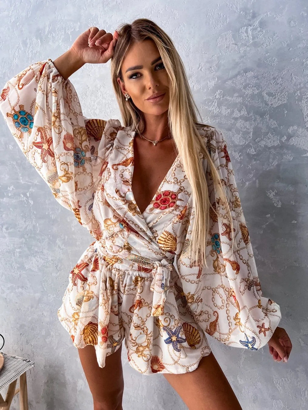 2023 Sexy Deep V Neck Jumpsuit For Women Summer Casual Boho Beach Vacation Outfit Fashion Print Lantern Sleeve Rompers Shorts