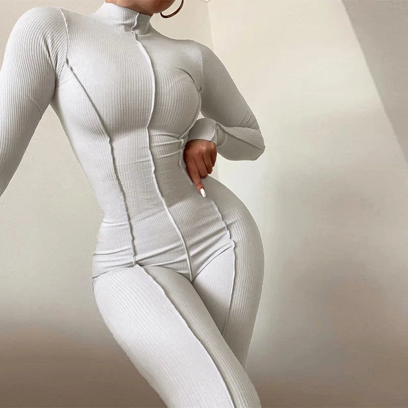 2023 Spring Bright Line Decoration Black Jumpsuit For Women One Piece Sexy Club Outfit Female Long Sleeve White Bodycon Jumpsuit