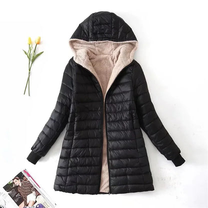 2023 Winter Mid-Length Hooded Cotton Jacket Women Autumn Lightweight Plush Lining Solid Ladies Parka Loose Female Zipper Outwear