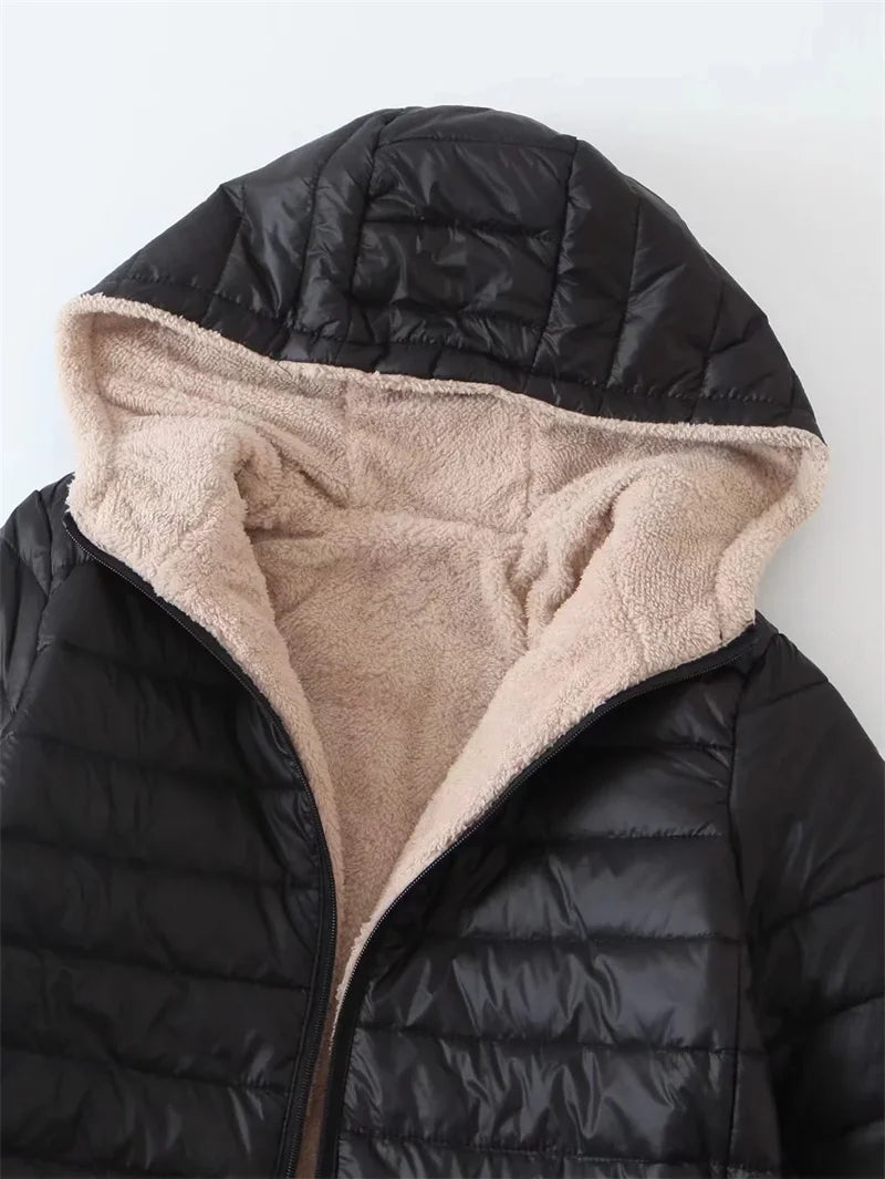 2023 Winter Mid-Length Hooded Cotton Jacket Women Autumn Lightweight Plush Lining Solid Ladies Parka Loose Female Zipper Outwear