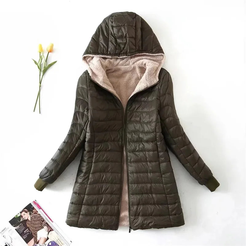 2023 Winter Mid-Length Hooded Cotton Jacket Women Autumn Lightweight Plush Lining Solid Ladies Parka Loose Female Zipper Outwear