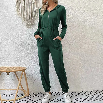 2024 Autumn Fashion Hooded Overalls Rompers Tracksuits Zipper Hoodie Casual Sportwear Spring New Pants Pockets Jumpsuit Elegant