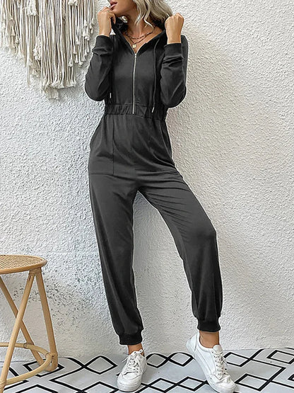 2024 Autumn Fashion Hooded Overalls Rompers Tracksuits Zipper Hoodie Casual Sportwear Spring New Pants Pockets Jumpsuit Elegant