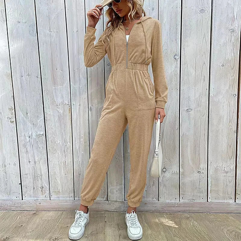 2024 Autumn Fashion Hooded Overalls Rompers Tracksuits Zipper Hoodie Casual Sportwear Spring New Pants Pockets Jumpsuit Elegant