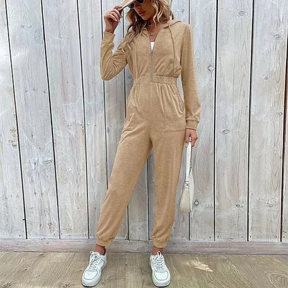 2024 Autumn Fashion Hooded Overalls Rompers Tracksuits Zipper Hoodie Casual Sportwear Spring New Pants Pockets Jumpsuit Elegant