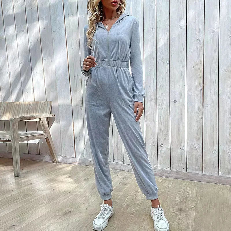 2024 Autumn Fashion Hooded Overalls Rompers Tracksuits Zipper Hoodie Casual Sportwear Spring New Pants Pockets Jumpsuit Elegant