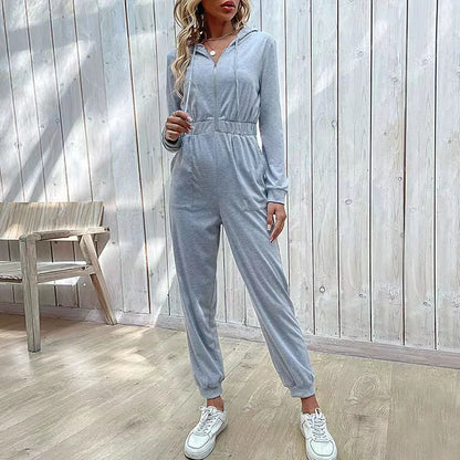 2024 Autumn Fashion Hooded Overalls Rompers Tracksuits Zipper Hoodie Casual Sportwear Spring New Pants Pockets Jumpsuit Elegant