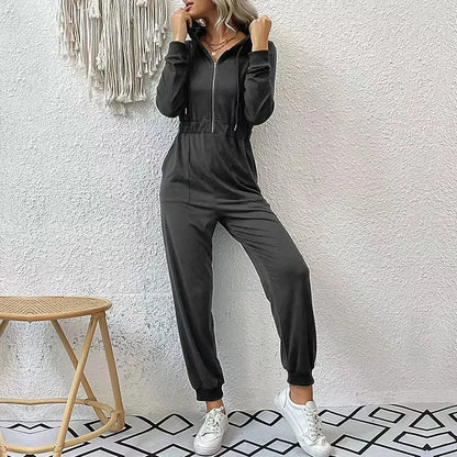 2024 Autumn Fashion Hooded Overalls Rompers Tracksuits Zipper Hoodie Casual Sportwear Spring New Pants Pockets Jumpsuit Elegant