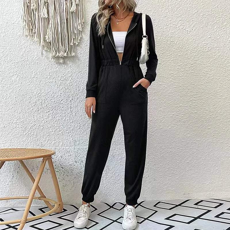 2024 Autumn Fashion Hooded Overalls Rompers Tracksuits Zipper Hoodie Casual Sportwear Spring New Pants Pockets Jumpsuit Elegant