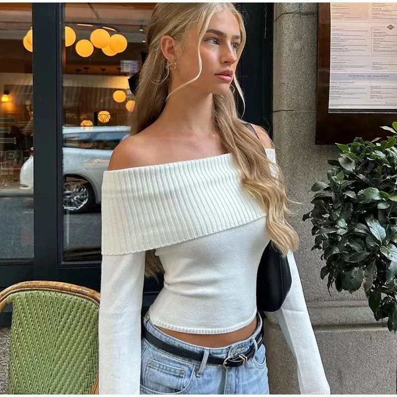 2024 Autumn Fashion White Off Shoulder Knitted Sweater For Women Casual Slash Neck Long Sleeve Tops Ladies Commute Knitwear