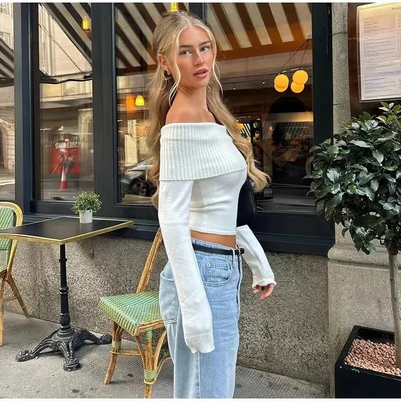 2024 Autumn Fashion White Off Shoulder Knitted Sweater For Women Casual Slash Neck Long Sleeve Tops Ladies Commute Knitwear