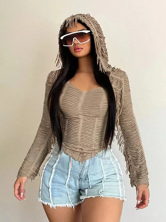 2024 Autumn Vibrant Fringe Spaghetti Strap Cami Top For Women Casual Long Sleeve Y2K Streetwear Female Elegant Hooded T-shirt