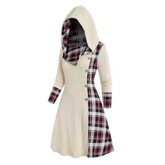 2024 Autumn Winter Chic Plaid Hooded Dress Women Knit Sweater Long Sleeve A Line Style With Trendy Splicing Perfect Casual Wear