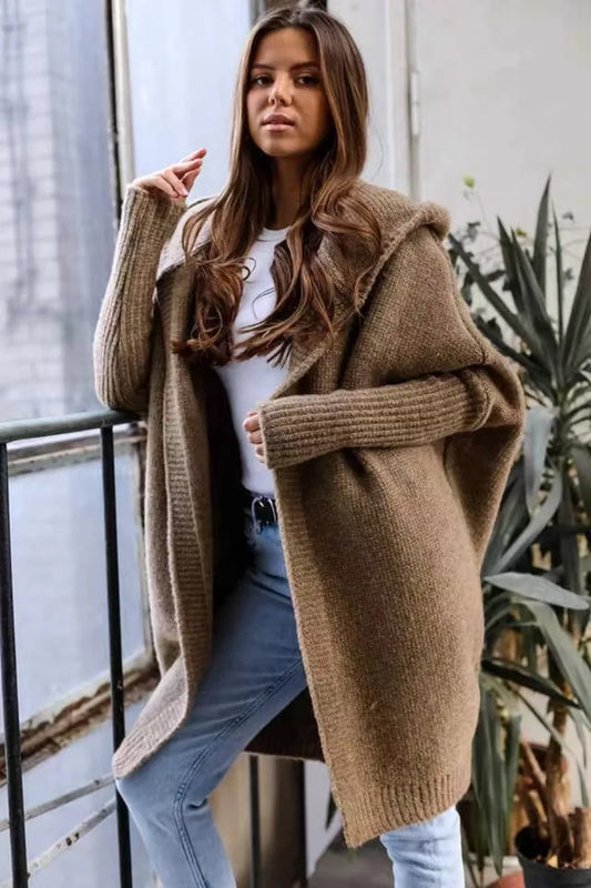 2024 Autumn Winter Cozy Chic Hooded Cardigan Women's Casual Knit Sweater Coat Elegant Batwing Sleeve Pocket Long Jacket Jumpers