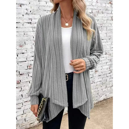 2024 Autumn Winter Female Long Sleeved Loose Plain Casual H-Line Rib Fabric Women Clothes Scarf Collar Solid Cardigan Knit Coat