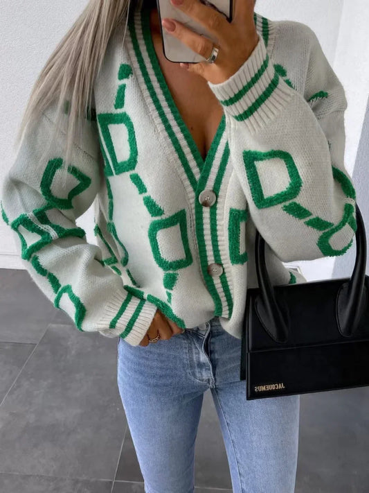 2024 Autumn Winter Knitted Cardigan Fashion Women Long Sleeve Loose V-Neck Sweater Thick Warm Female Green Casual Print Cardigan