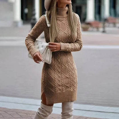 2024 Autumn Winter New Women's Knitted Wrap Hip Skirt High Neck Warm and Thickened Elegant Knitted Sweater Long Sleeve Dress