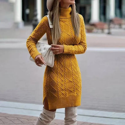 2024 Autumn Winter New Women's Knitted Wrap Hip Skirt High Neck Warm and Thickened Elegant Knitted Sweater Long Sleeve Dress