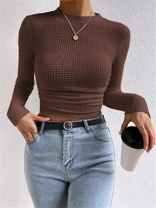 2024 Autumn Women'S Solid Knit Pleated Side Long Sleeve T-Shirt Long Sleeves Solid Slim Tees All Match Basic Tops Undershirt