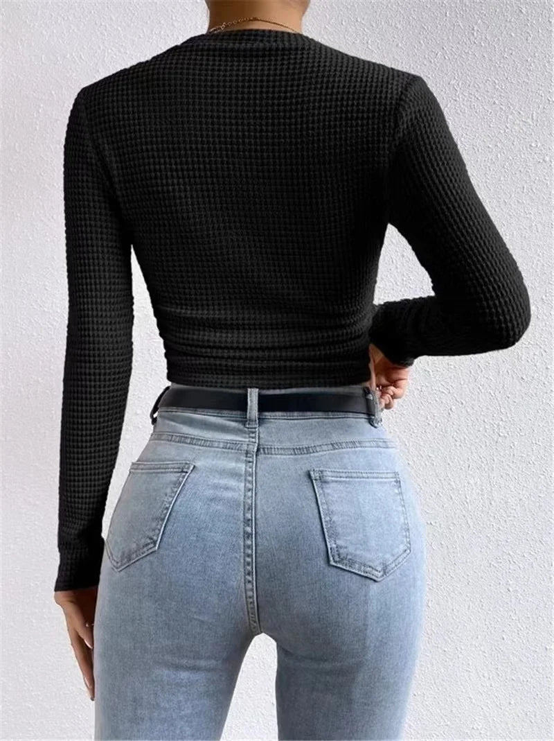 2024 Autumn Women'S Solid Knit Pleated Side Long Sleeve T-Shirt Long Sleeves Solid Slim Tees All Match Basic Tops Undershirt