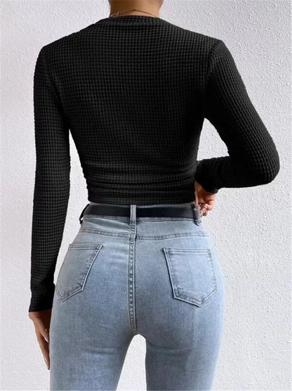 2024 Autumn Women'S Solid Knit Pleated Side Long Sleeve T-Shirt Long Sleeves Solid Slim Tees All Match Basic Tops Undershirt