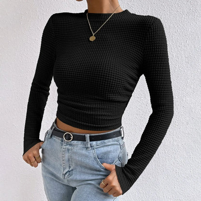 2024 Autumn Women'S Solid Knit Pleated Side Long Sleeve T-Shirt Long Sleeves Solid Slim Tees All Match Basic Tops Undershirt