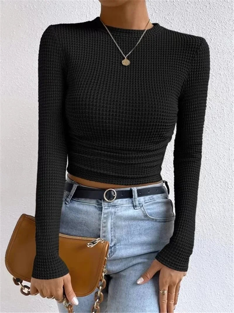 2024 Autumn Women'S Solid Knit Pleated Side Long Sleeve T-Shirt Long Sleeves Solid Slim Tees All Match Basic Tops Undershirt