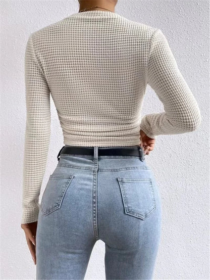 2024 Autumn Women'S Solid Knit Pleated Side Long Sleeve T-Shirt Long Sleeves Solid Slim Tees All Match Basic Tops Undershirt