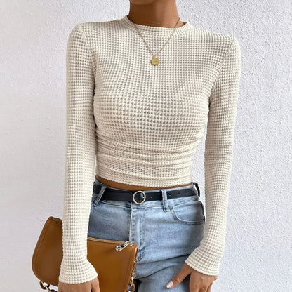 2024 Autumn Women'S Solid Knit Pleated Side Long Sleeve T-Shirt Long Sleeves Solid Slim Tees All Match Basic Tops Undershirt