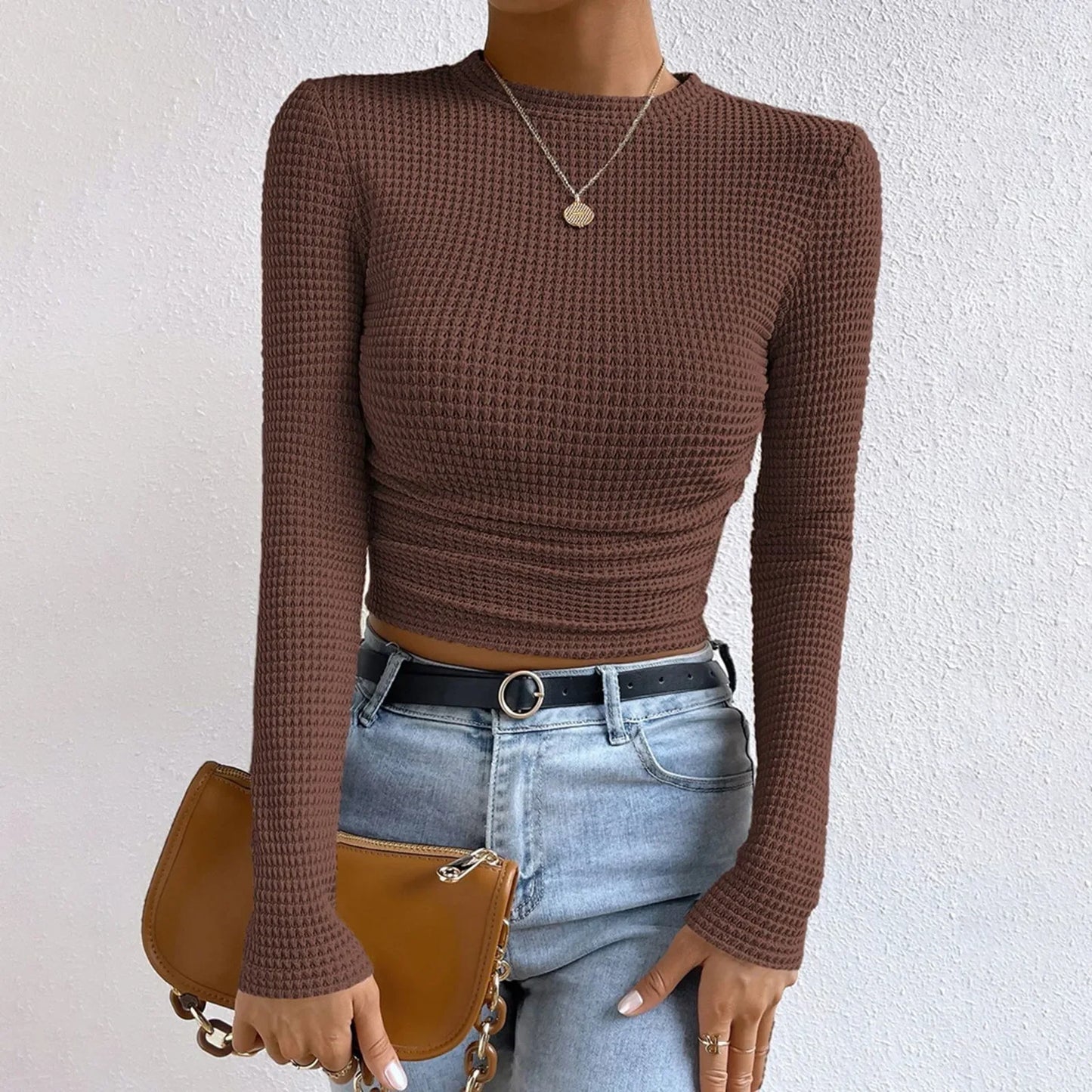 2024 Autumn Women'S Solid Knit Pleated Side Long Sleeve T-Shirt Long Sleeves Solid Slim Tees All Match Basic Tops Undershirt