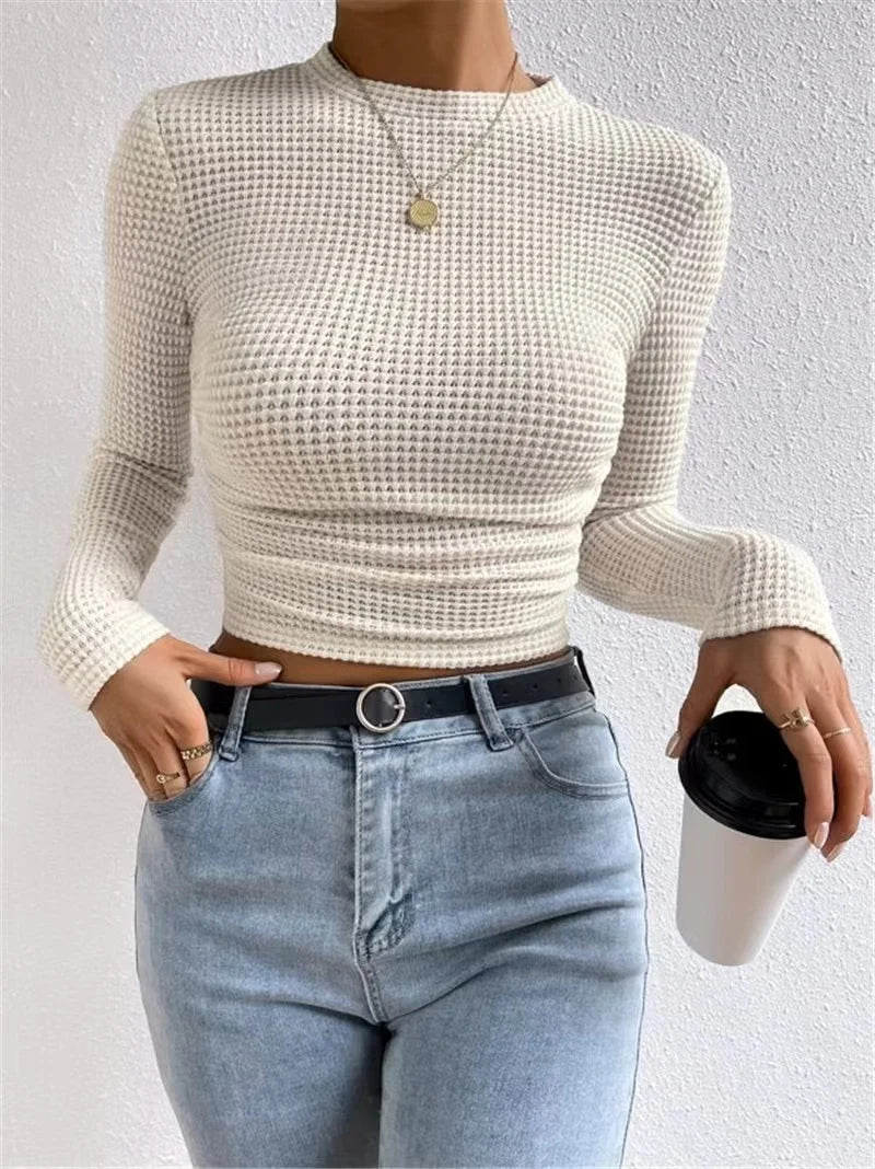 2024 Autumn Women'S Solid Knit Pleated Side Long Sleeve T-Shirt Long Sleeves Solid Slim Tees All Match Basic Tops Undershirt