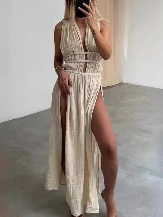 2024 Deep V-Neck Sexy Bohemian Party Dress Women Summer Loungewear Sleeveless Maxi Dress Hollow Out Solid Ladies Dress Vestidos