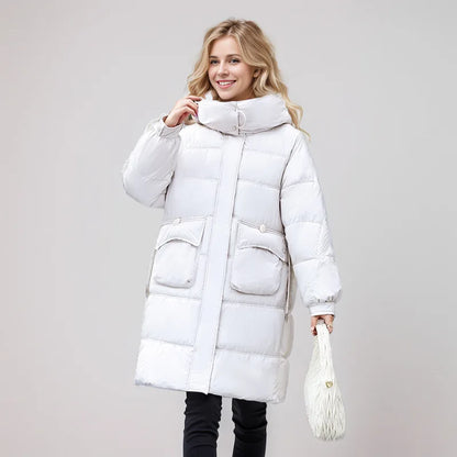 2024 Down Cotton Padded Coach Women's Winter Parka Pockets Medium-Length Coat New Female Hooded Warm Cotton Jacket Wholesale