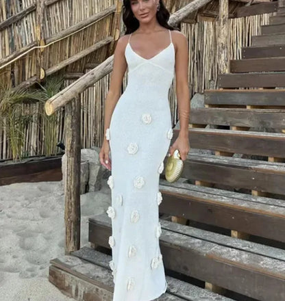 2024 Elegant 3d Flower Sling Maxi Dress Women Deep V-neck Sleeveless Beach Dresses Summer New White Lady Chic High Street Robes