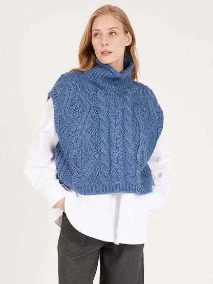 2024 Fall Winter Fashion Women's Cable Knitted Sweaters Vest Casual Sleeveless Turtleneck Loose Pullover Crop Tops Warm Knitwear