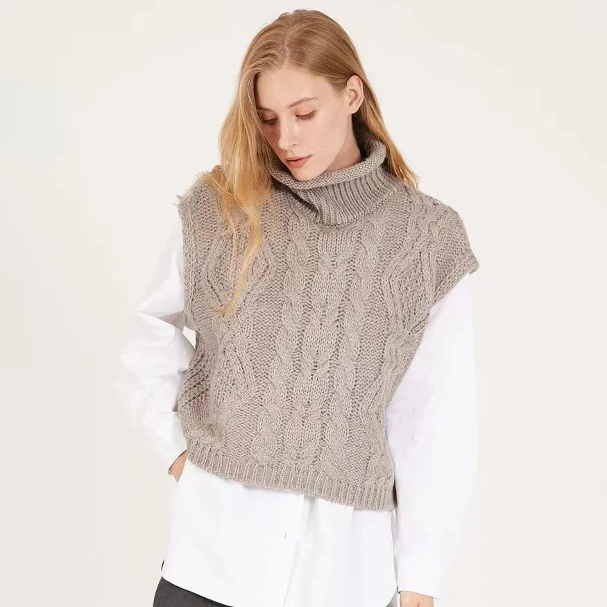 2024 Fall Winter Fashion Women's Cable Knitted Sweaters Vest Casual Sleeveless Turtleneck Loose Pullover Crop Tops Warm Knitwear