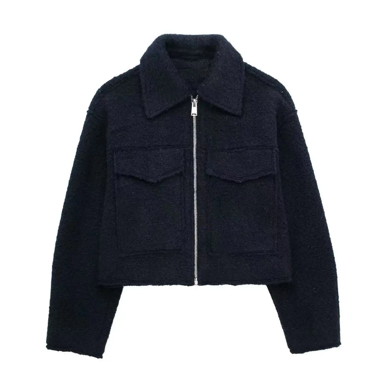 2024 Fashion Solid Turn-down Collar Cropped Coats For Women New Autumn Warm Outerwear Zipper Long Sleeve Pockets Female Jackets