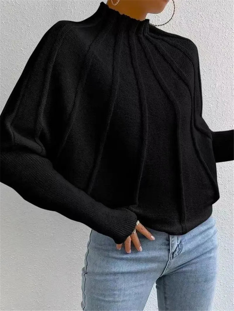 2024 Kintted Pullover Batball Sleeve Sweater Women Solid Round Neck Long Sleeve Top New T-shirt Loose Spider Web Short Knitwear