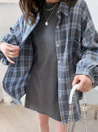 2024 New Autumn Fashion Plaid Women Shirt Fashion Korean Oversize Tops Harajuku Daily All-match Long Sleeve Chic Female Shirts