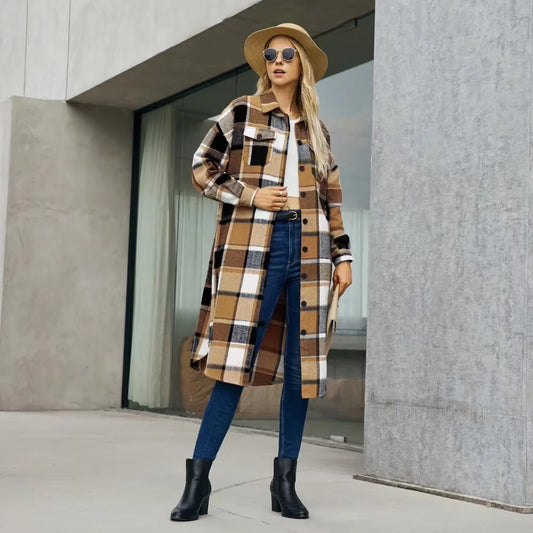 2024 New Autumn Shirt Coats Side Slit Lapel Loose Woolen Y2K Wool Trench Coat Women Long Sleeve Plaid Coat Pockets Shirt Jackets