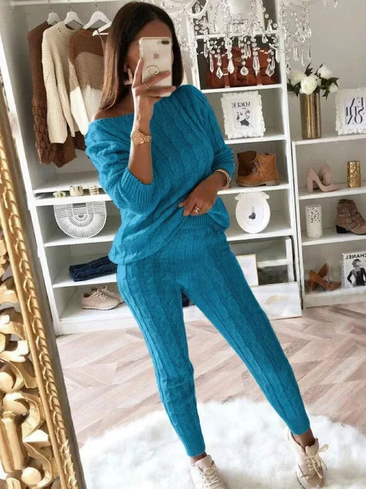 2024 New Autumn Winter Women Knitted Tracksuit Two Piece Set Female Sweater Tops + Elastic Waist Pant Knitted Suit Women Outfits